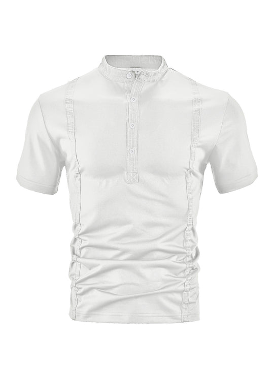 Herren nan Kurzarm-Stehkragenshirt mit verdeckter Knopfleiste, Zierpaspeln und figurbetonter Silhouette EB