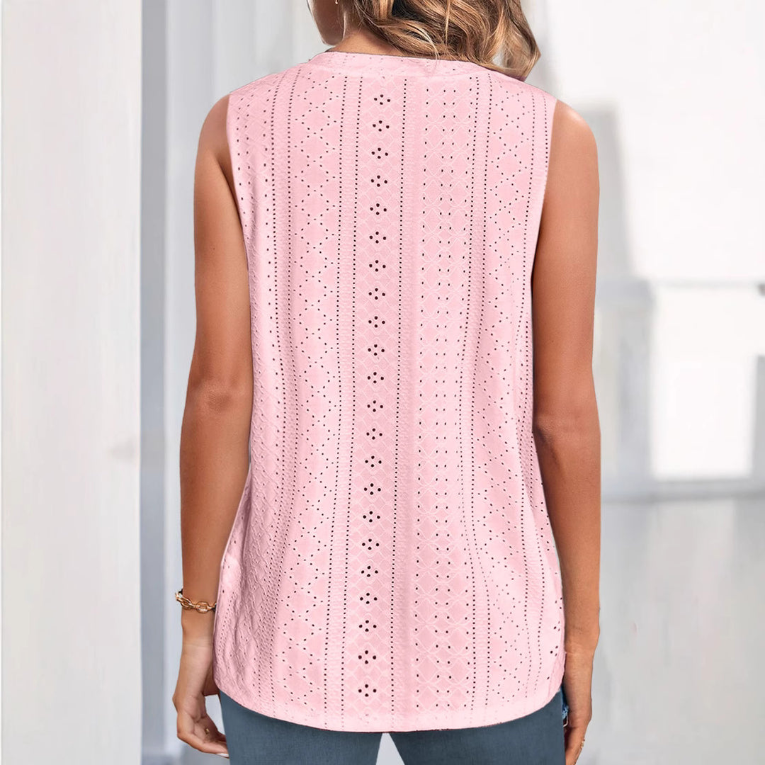 Damen V-Ausschnitt Blusentop mit Knopfleiste und filigranem Lochmuster Heidi-Mode