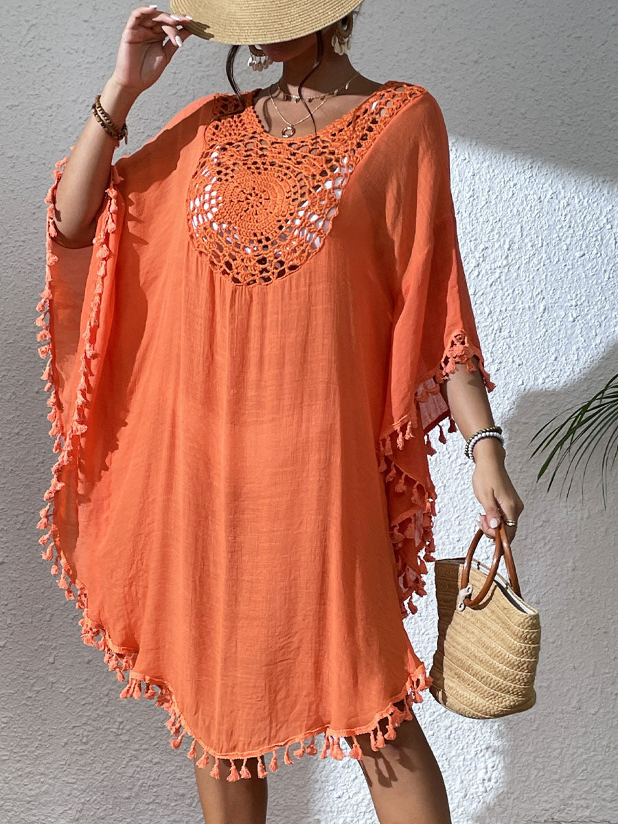 Damen Strandtunika mit elegantem Häkelmuster und fransigen Details EB