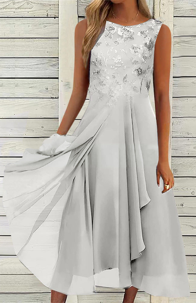 Damen nan ärmelloses Chiffon-Midikleid mit bestickter Brustpartie und asymmetrischem Lagenrock EB