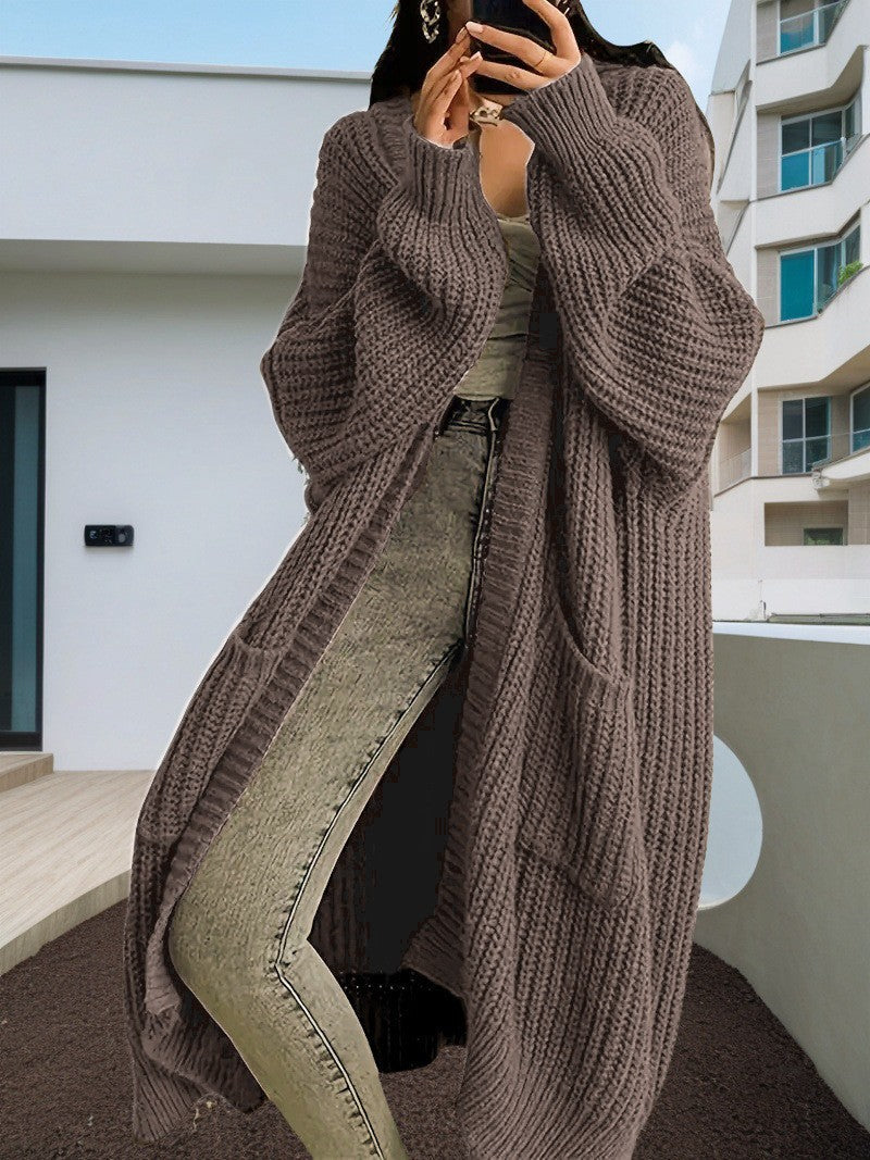 Damen Langer Strickcardigan mit seitlichen Taschen und lässigem Schnitt EB