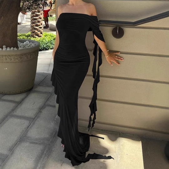 Damen Elegantes Off-Shoulder Maxikleid mit asymmetrischem Saum und Rüschendetails EB