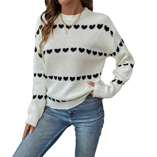 Damen Strickpullover mit Herzmuster und Rundhalsausschnitt EB