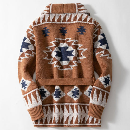 Damen Strickjacke mit geometrischem Muster und Gürtel EB
