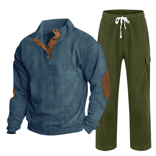 Herren nan strukturiertes Cord-Henley-Loungewear-Set mit Ellenbogenpatches und Cargo-Jogpant EB