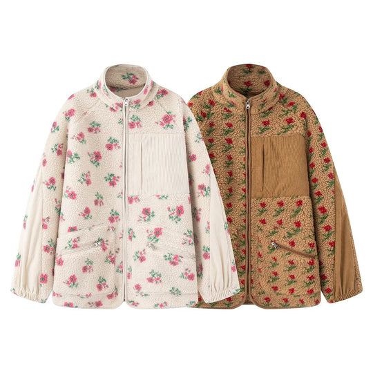 Damen nan Teddy-Fleece Jacke mit floralem Muster, Feincord-Einsätzen, Stehkragen und Reißverschluss EB