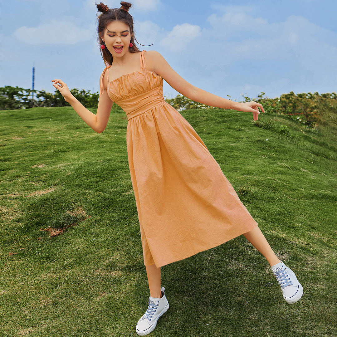 Damen Midi-Kleid mit elastischem Taillenbund und verstellbaren Spaghettiträgern EB
