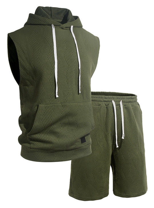 Herren nan ärmelloses Kapuzen-Lounge-Set aus strukturierter Baumwollmischung mit Kängurutasche und elastischer Freizeithose EB