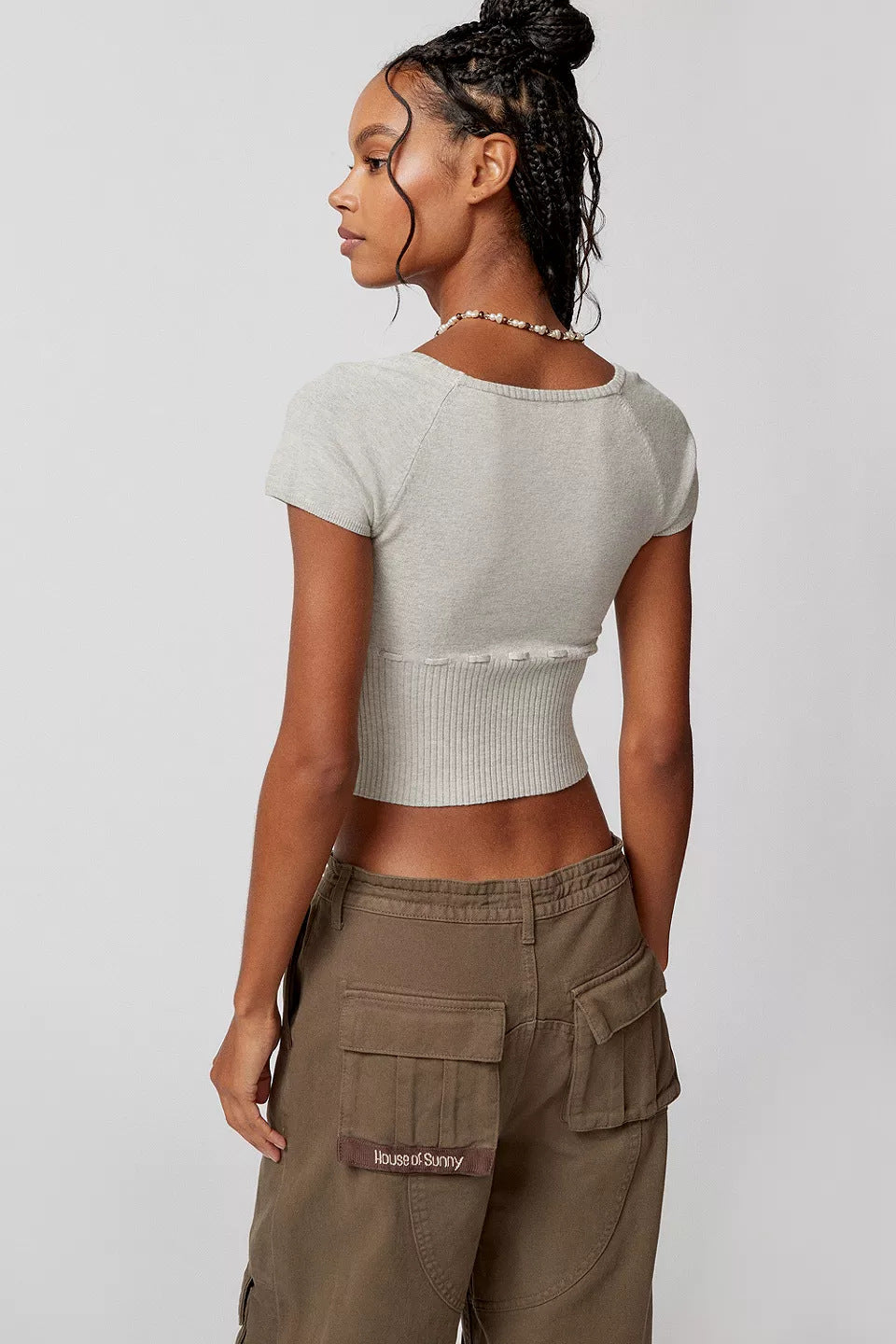 Damen Cropped Strickoberteil mit variabler Schnürung und tiefem Ausschnitt EB