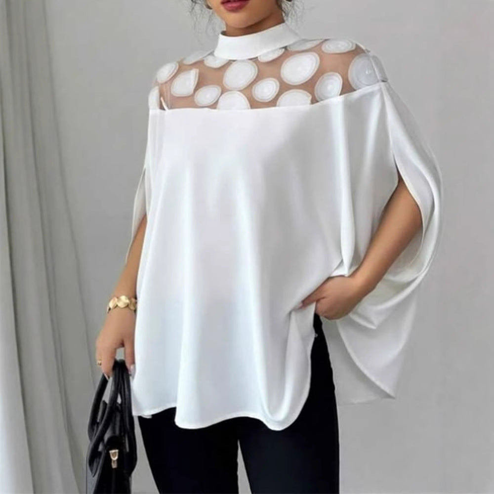 Damen nan elegante Tunika-Bluse mit Stehkragen, transparenter Rund-Applikationspasse und Cape-Ärmeln EB