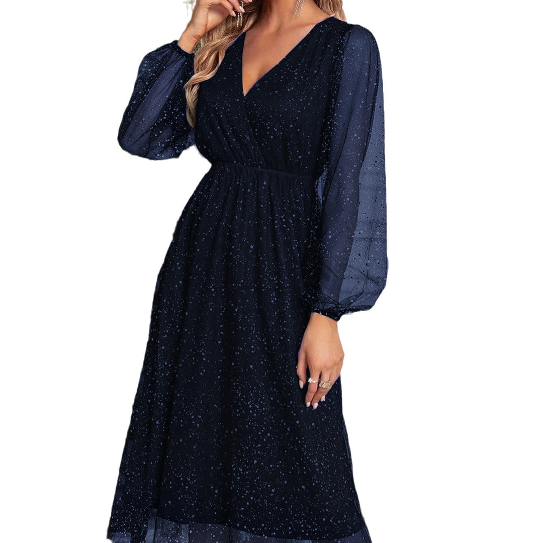 Damen Glamouröses Midikleid mit transparenten Puffärmeln und schimmerndem Paillettenmuster EB