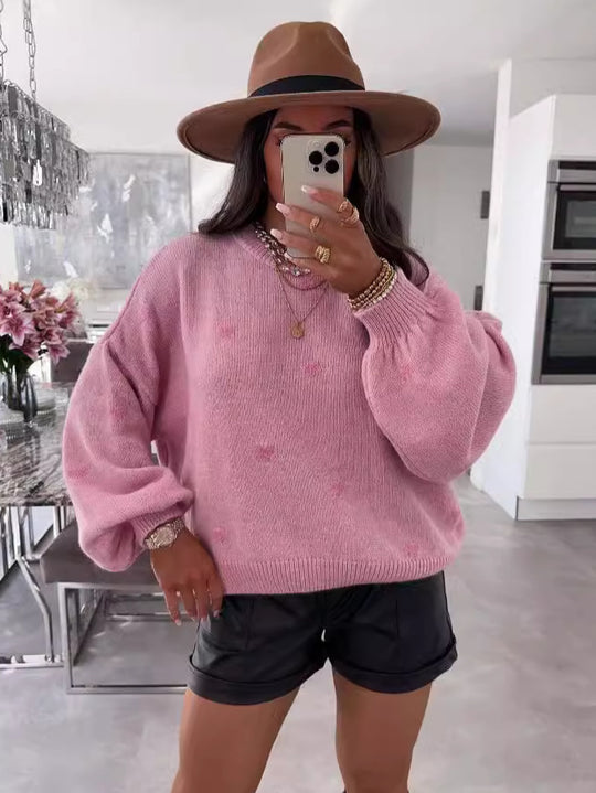 Damen lässiger Strickpullover mit herzförmigen Mustern und angeschnittenen Ärmeln EB