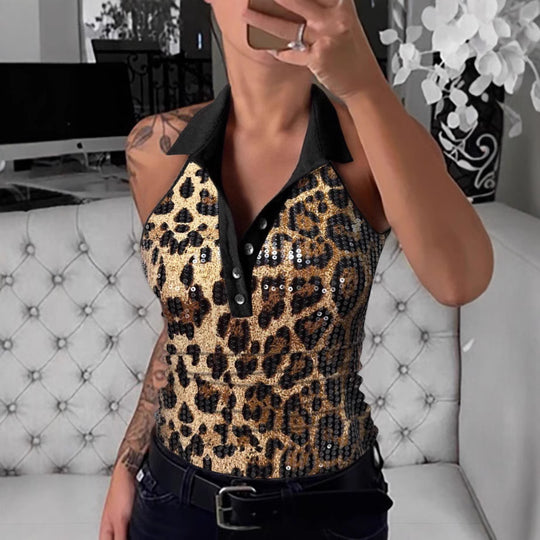 Damen Poloshirt mit glänzenden Pailletten und modischem Leoprint EB
