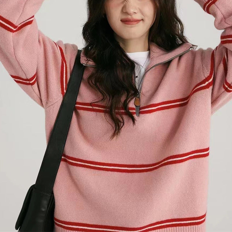 Damen gestreifter Pullover mit hohem Kragen und Reißverschluss EB