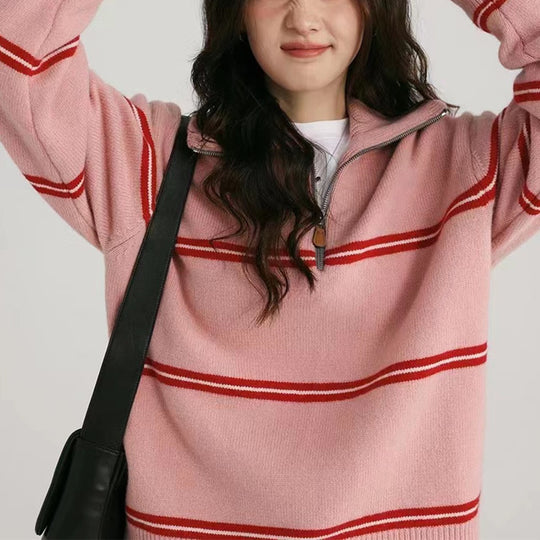 Damen gestreifter Pullover mit hohem Kragen und Reißverschluss EB