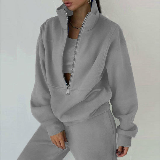 Damen nan Oversize Halbzip-Sweatshirt mit hohem Stehkragen und verdeckter Kängurutasche EB