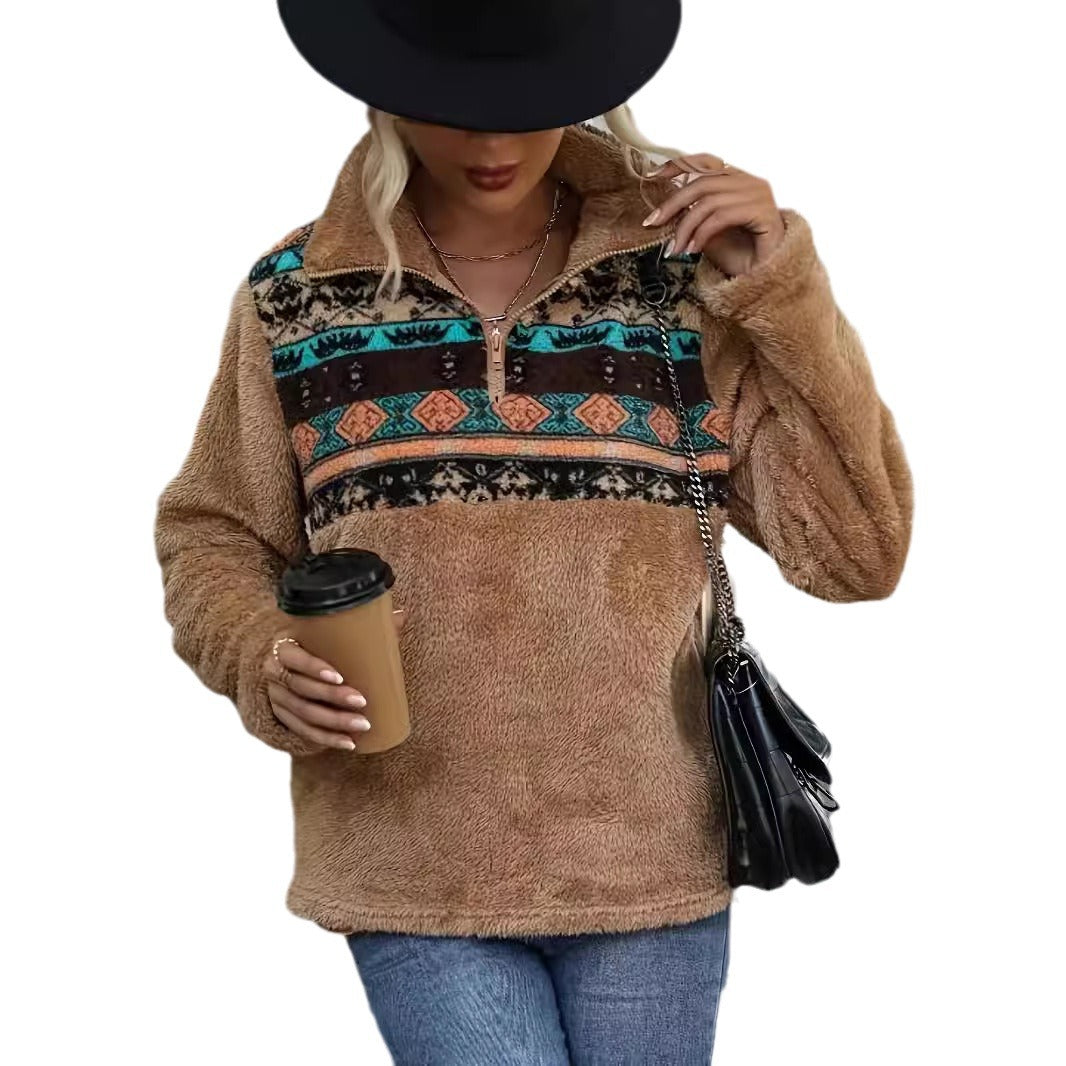 Damen Fleece-Pullover mit modischem Reißverschluss und buntem Muster EB
