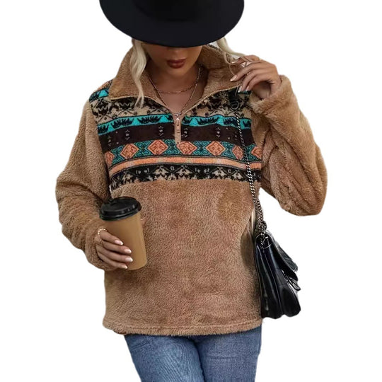 Damen Fleece-Pullover mit modischem Reißverschluss und buntem Muster EB