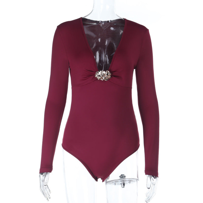 Damen eleganter einteiliger Badeanzug mit tiefem V-Ausschnitt und langem Arm EB