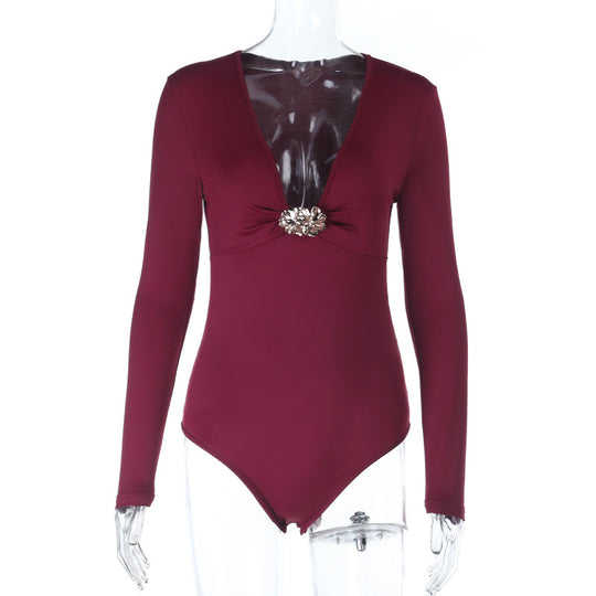 Damen eleganter einteiliger Badeanzug mit tiefem V-Ausschnitt und langem Arm EB