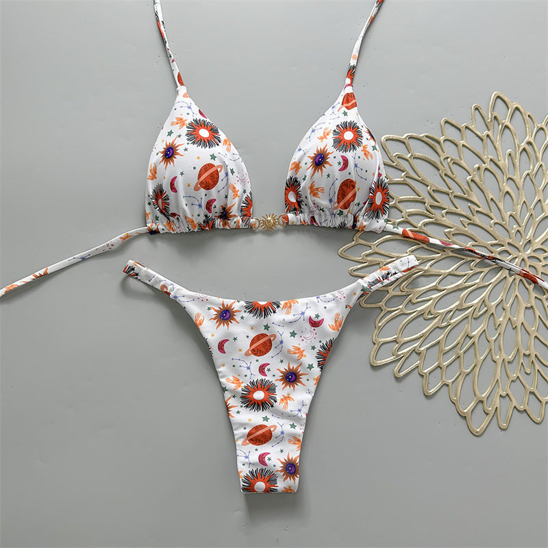 Damen Triangel-Bikini mit floralem Muster und eleganter Goldschließe EB