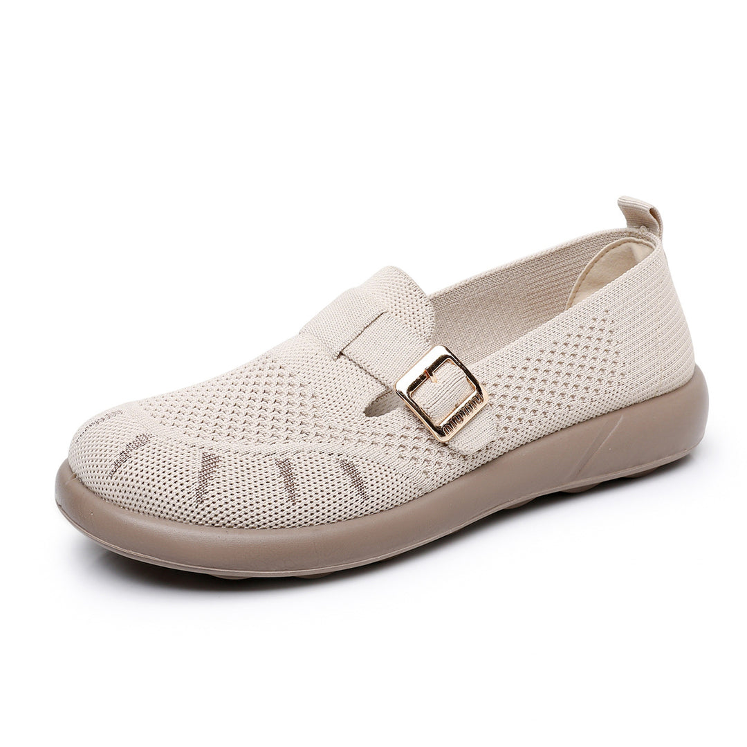 Damen Komfortable Slip-On Schuhe mit flexiblem Strickoberteil und modischem Schnallen-Detail EB
