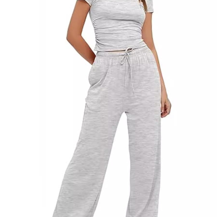 Damen lässiger Zweiteiler mit cropped Oberteil und weitem Beinkleid EB