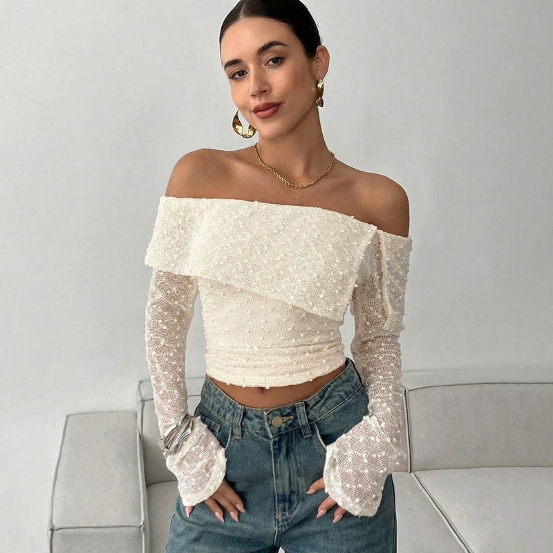 Damen Off-Shoulder Oberteil mit eleganten Rüschendetails und langen Ärmeln EB