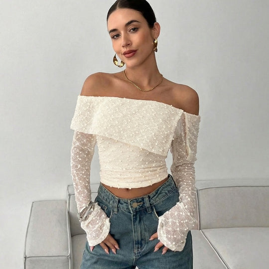 Damen Off-Shoulder Oberteil mit eleganten Rüschendetails und langen Ärmeln EB