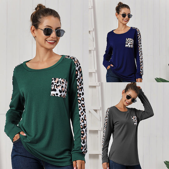 Damen Modischer Langarmshirt mit Leoparden-Applikationen EB