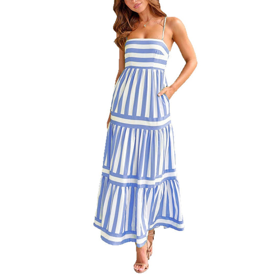 Damen Maxikleid mit Streifenmuster und fließendem Rock EB