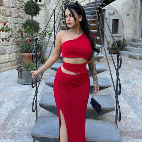 Damen asymmetrisches Maxikleid mit Rüschen und hohem Seitenschlitz EB