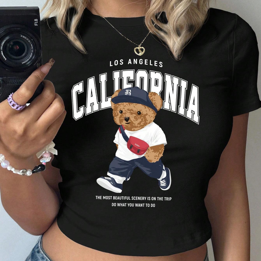 Damen Crop-T-Shirt mit verspieltem Bärenmotiv und modischem Schriftzug EB