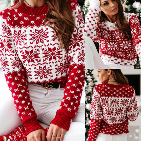 Damen Winterpullover mit festlichem Schneeflocken-Muster EB