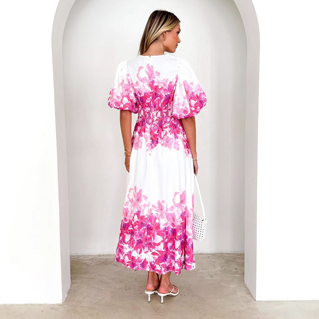DamenMaxikleid mit voluminösen Puffärmeln und fließendem Schnitt EB
