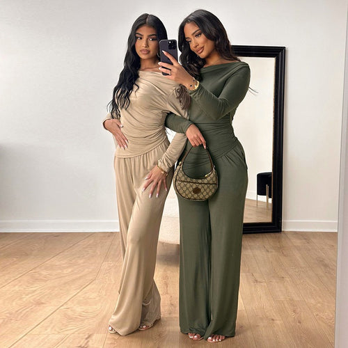 Damen elegantes Zweiteiliges Set aus fließendem Material mit asymmetrischem Design EB