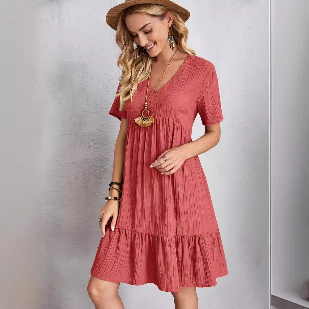 Damen lässiges V-Ausschnitt Kleid mit Schößchen und Rüschendetails EB