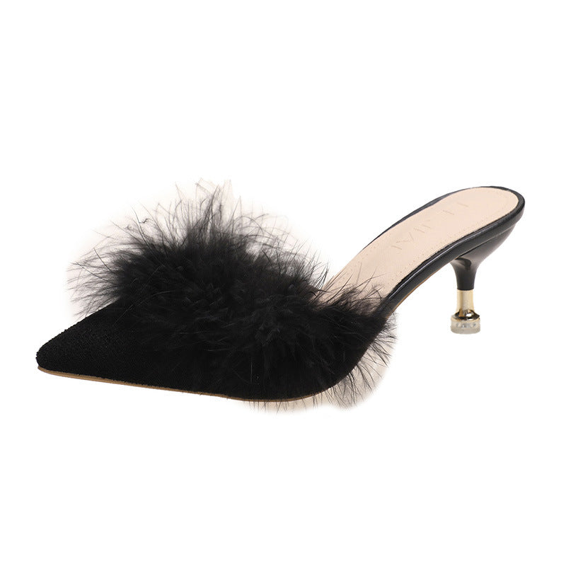 Damen Elegante Mules mit luxuriösen Federn und schickem Absatz EB