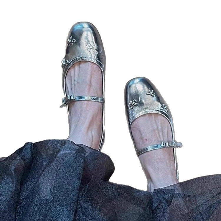 Damen Ballerina-Schuhe mit schimmernder Oberfläche und dekorativem Schleifendetail EB