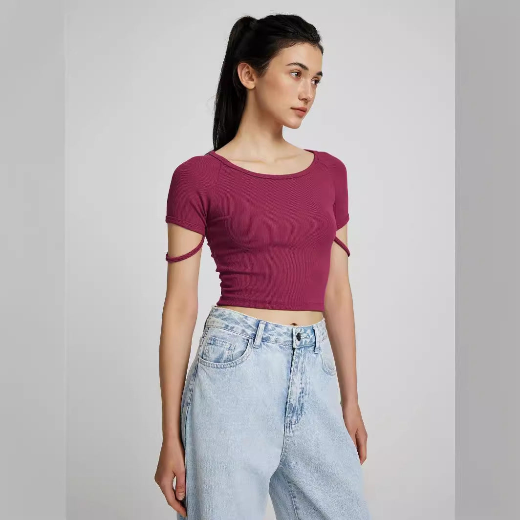 Damen kurzärmliges enganliegendes Crop-Top mit Rundhalsausschnitt EB