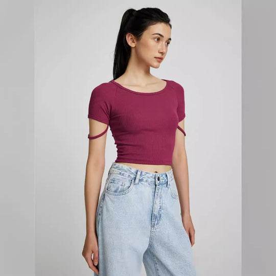 Damen kurzärmliges enganliegendes Crop-Top mit Rundhalsausschnitt EB