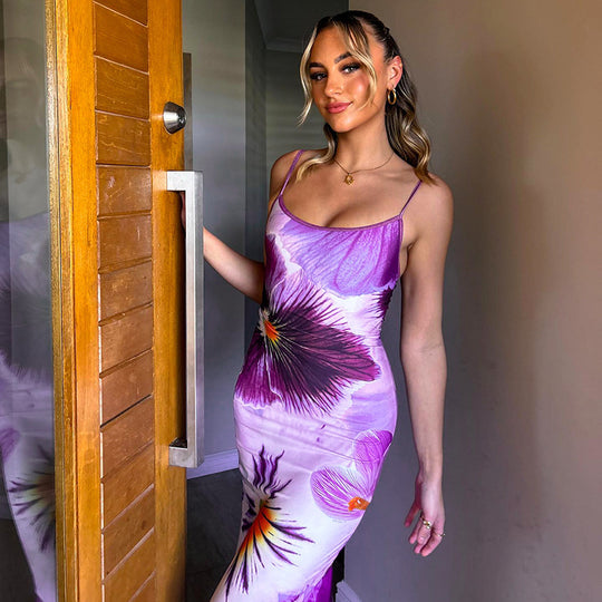 Damen trendiges Maxi-Kleid mit floralem Muster und schmalen Spaghettiträgern EB