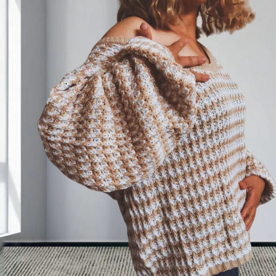 Damen Oversized Strickpullover mit off-Shoulder Design und modischem Rippenmuster EB