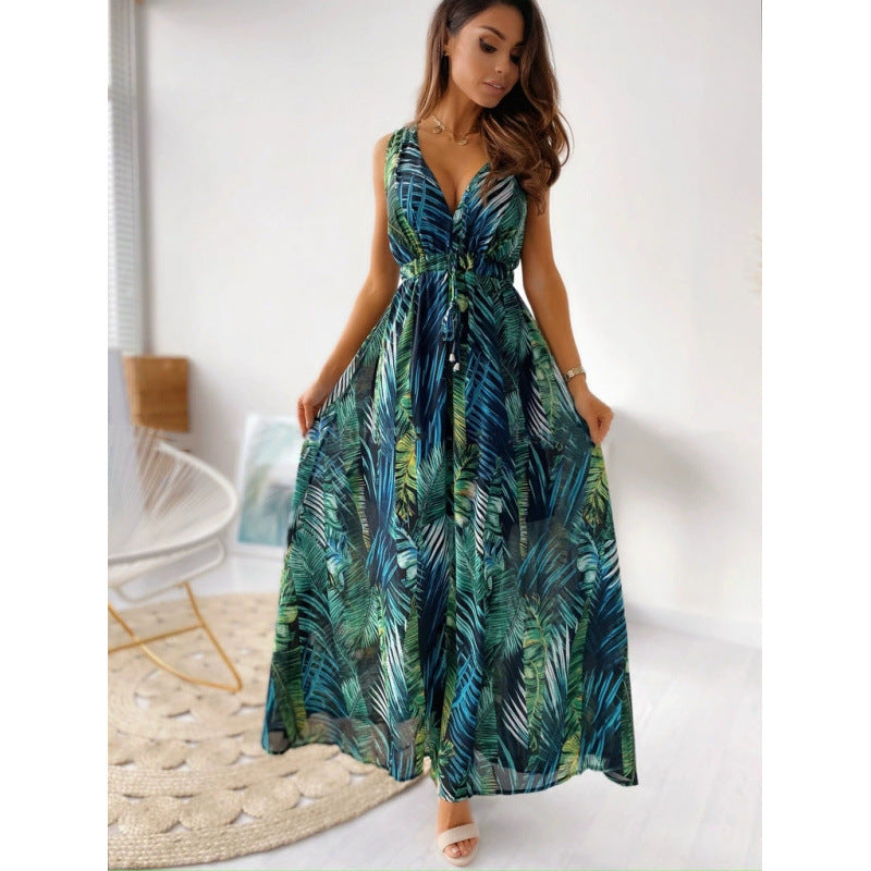 Damen Maxikleid mit floralen Mustern und tailliertem Oberteil EB