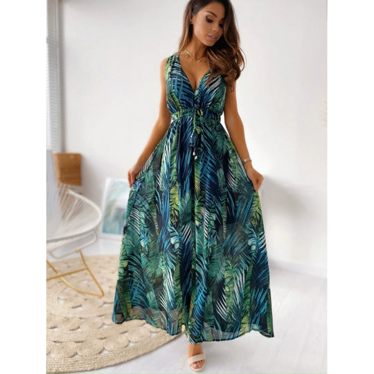 Damen Maxikleid mit floralen Mustern und tailliertem Oberteil EB
