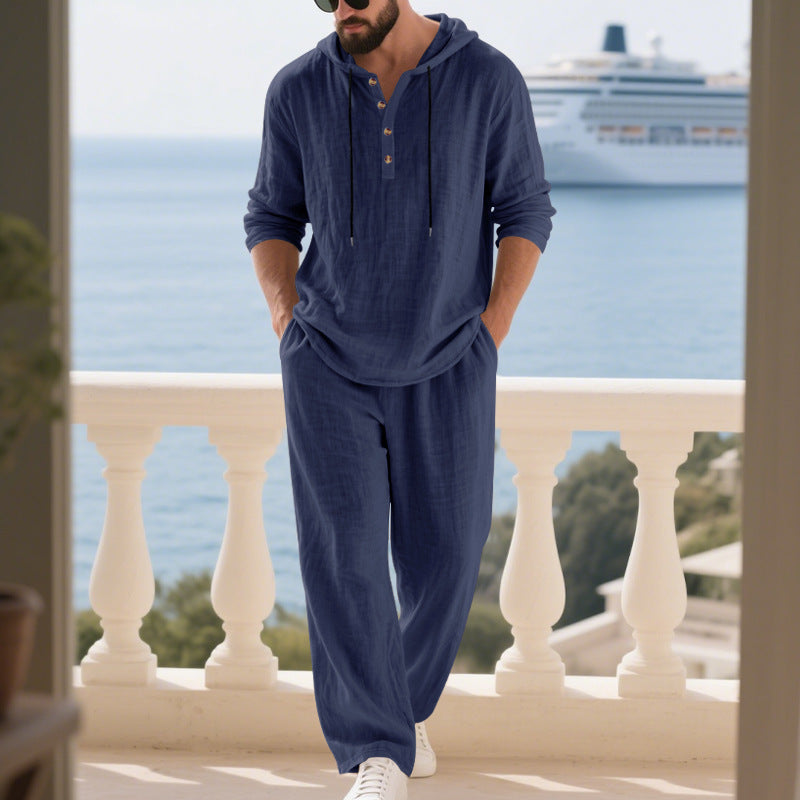 Herren nan lässiges Leinenzweiteiler-Set mit Kapuzenhemd im Henley-Stil und weiten Freizeit-Hosen EB
