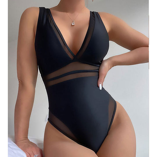 Damen Eleganter Einteiler Badeanzug mit tiefem V-Ausschnitt und transparenten Einsätzen EB