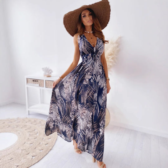 Damen Maxikleid mit floralem Druck und tiefer V-Ausschnitt EB
