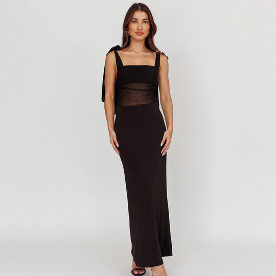 Damen elegantes Maxikleid mit transparenter Spitze und Schulterbändern EB
