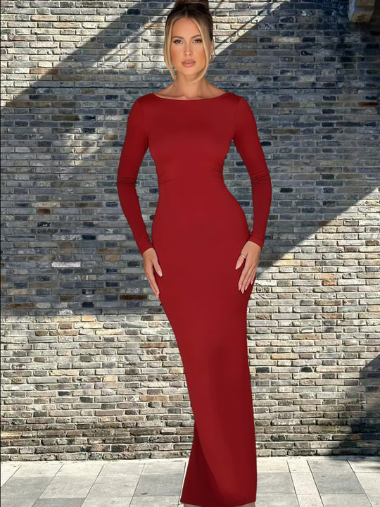 Damen Figurumspielendes Maxikleid mit langem Arm und elegantem Schnitt EB